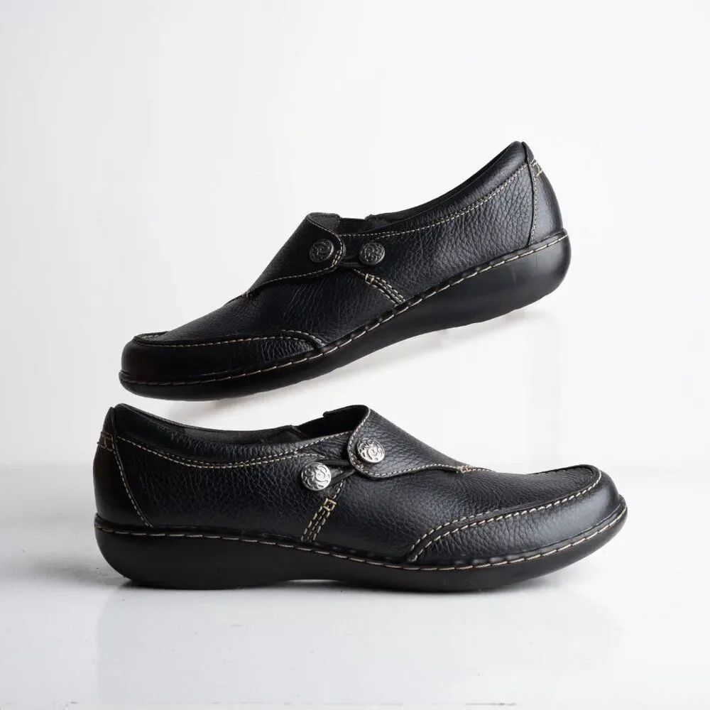 Clarks Womens Ashland Lane Q Leather Shoes Flats Black Sz US 9.5 Narrow NWB